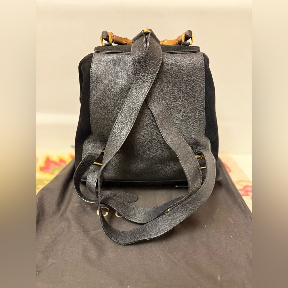 GUCCI‎ Vintage Y2K Unisex Black Suede & Leather Trim Bamboo Medium Backpack - Picture 3 of 16